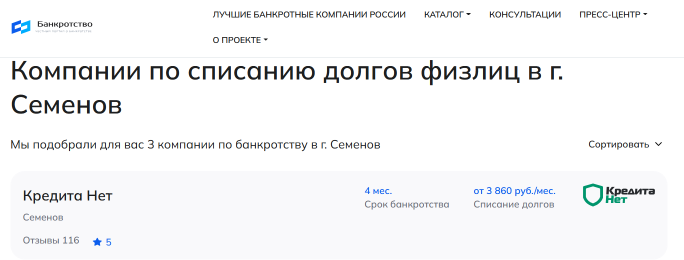 КредитаНет – первые в рейтинге компаний по банкротству в Семёнове на сайте Банкротство Инфо